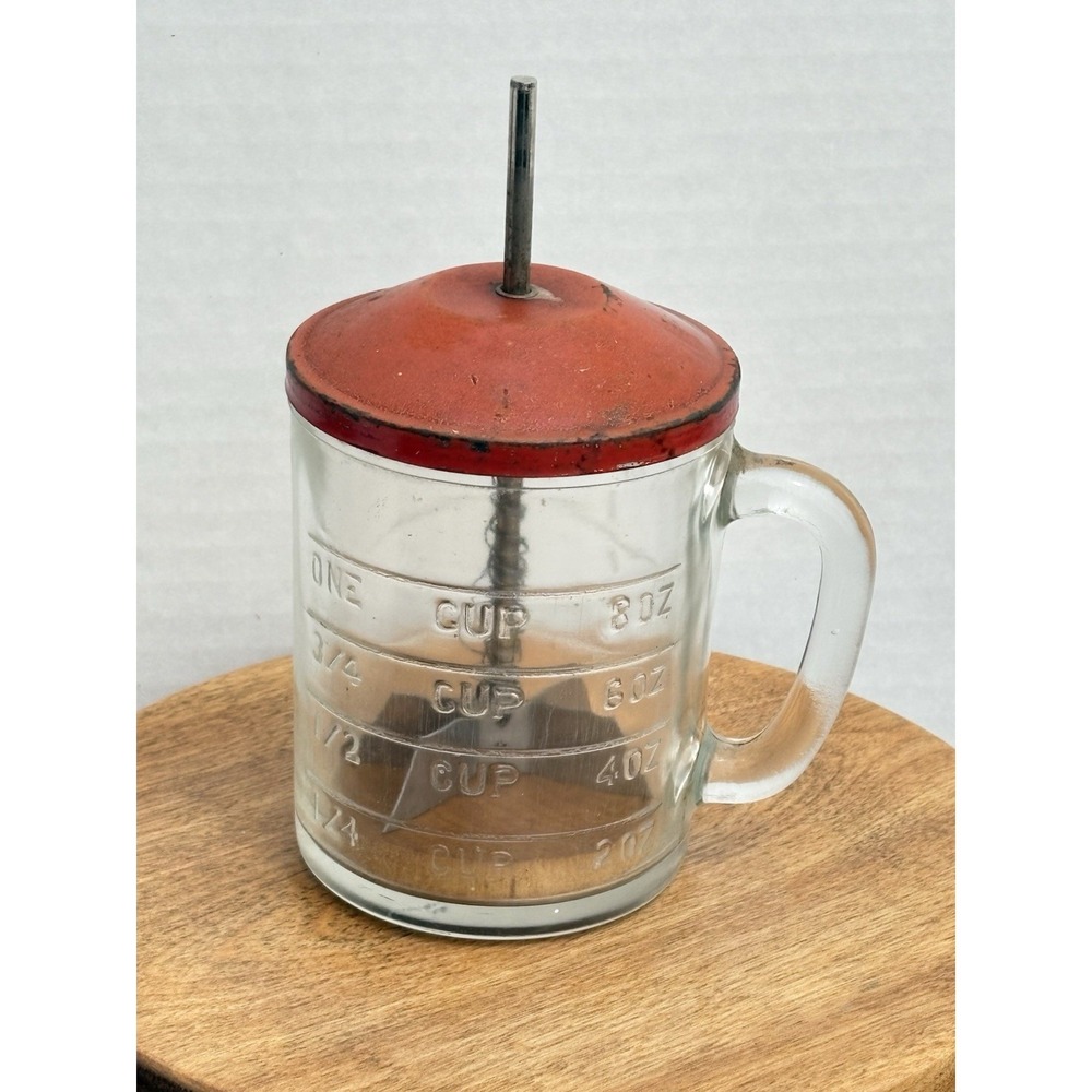 Hazel Atlas Nut Chopper One Cup Glass Measure Red Metal Lid Wood Handle Insert